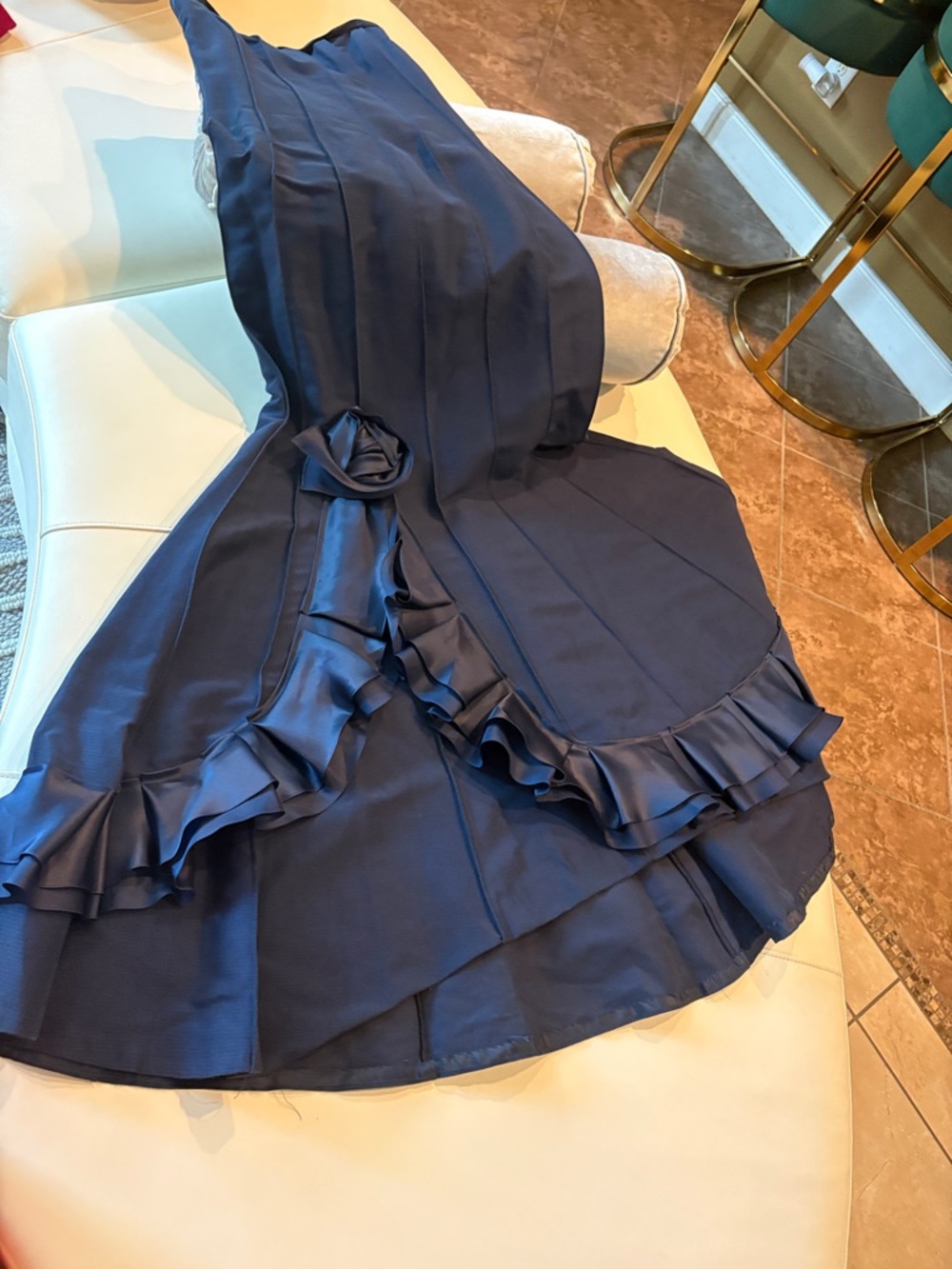 Kay Unger Navy Satin Ruffle Women Dress